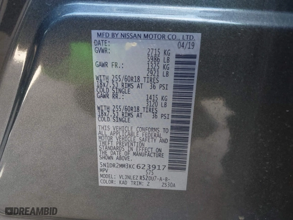 2019 Nissan Pathfinder S with VIN 5N1DR2MM3KC623917, listed as a IAAI auction lot 41661193 with 92,345 mi miles. Bid and sale history available at carsss.com. Image 9.