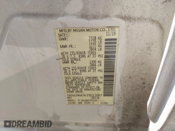 2018 Nissan Murano S z VIN 5N1AZ2MG8JN201397, wystawiony jako IAAI lot #41842169 z przebiegiem 50 648 mil mil oraz . Historia ofert i sprzedaży dostępna na DreamBid. Obrazek 9.