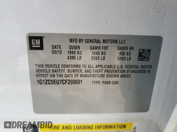 2012 Chevrolet Malibu 1LT with VIN 1G1ZC5EU7CF290691, listed as a Copart auction lot 68503864 with 141,722 mi miles and Salvage Title. Bid and sale history available at DreamBid. Image 12.