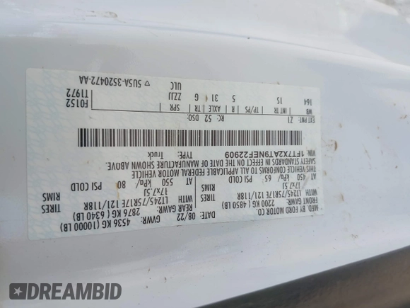 2022 Ford F-250 XL with VIN 1FT7X2AT9NEF22909, listed as a IAAI auction lot 42092468 with 113,578 mi miles and . Bid and sale history available at DreamBid. Image 9.