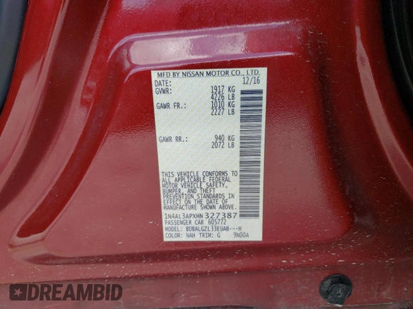 2017 Nissan Altima SR z VIN 1N4AL3APXHN327387, wystawiony jako Copart lot #61939665 z przebiegiem 104 259 mil mil oraz Szkoda całkowita • Salvage title. Historia ofert i sprzedaży dostępna na DreamBid. Obrazek 13.