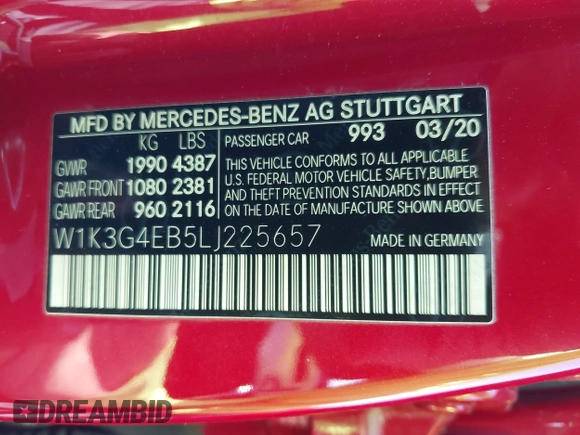 2020 Mercedes-Benz A 220 with VIN W1K3G4EB5LJ225657, listed as a IAAI auction lot 40509851 with 60,027 mi miles and . Bid and sale history available at DreamBid. Image 9.
