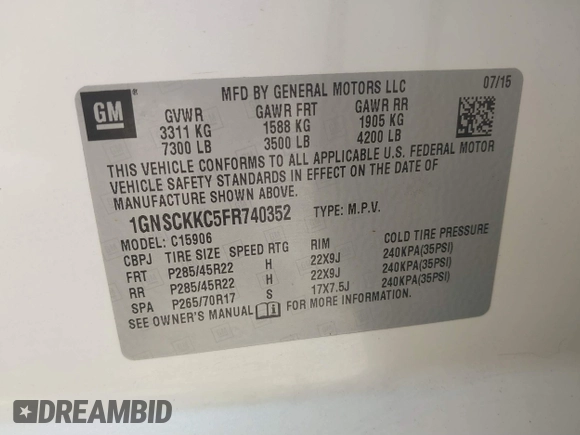 2015 Chevrolet Suburban LTZ with VIN 1GNSCKKC5FR740352, listed as a IAAI auction lot 39075234 with 112,945 mi miles and . Bid and sale history available at DreamBid. Image 9.