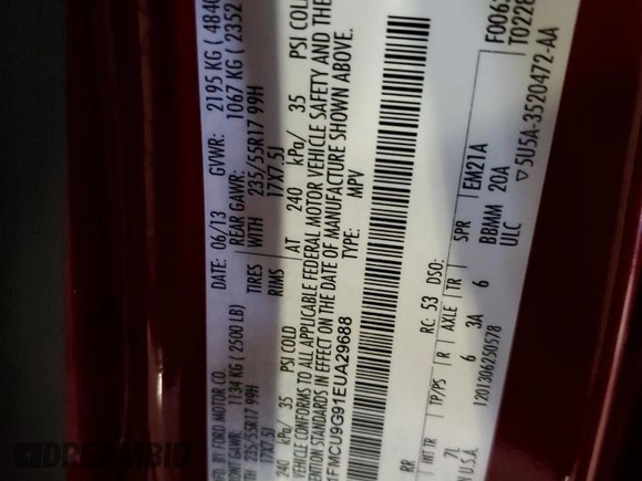 2014 Ford Escape SE z VIN 1FMCU9G91EUA29688, wystawiony jako Copart lot #53665435 z przebiegiem 175 761 mil mil oraz Szkoda całkowita • Salvage title. Historia ofert i sprzedaży dostępna na DreamBid. Obrazek 13.