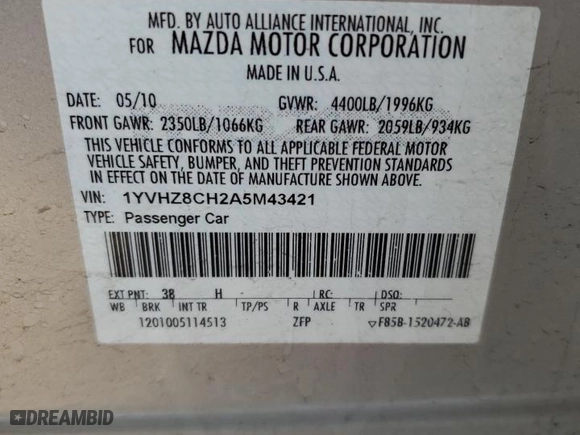 2010 Mazda Mazda6 i Touring Plus with VIN 1YVHZ8CH2A5M43421, listed as a Copart auction lot 51080595 with 70,966 mi miles and Salvage Title. Bid and sale history available at carsss.com. Image 13.