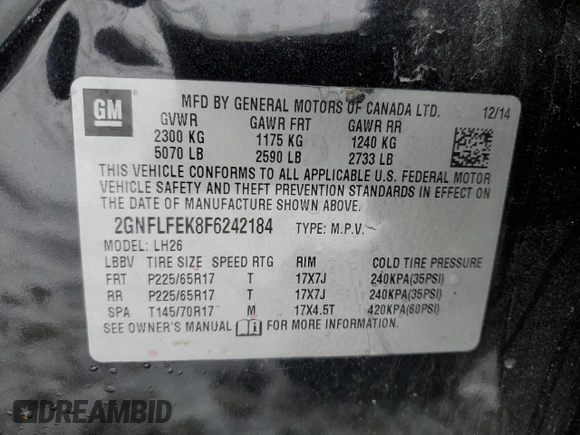 2015 Chevrolet Equinox LT with VIN 2GNFLFEK8F6242184, listed as a Copart auction lot 44776825 with 95,482 mi miles and Salvage Title. Bid and sale history available at carsss.com. Image 15.