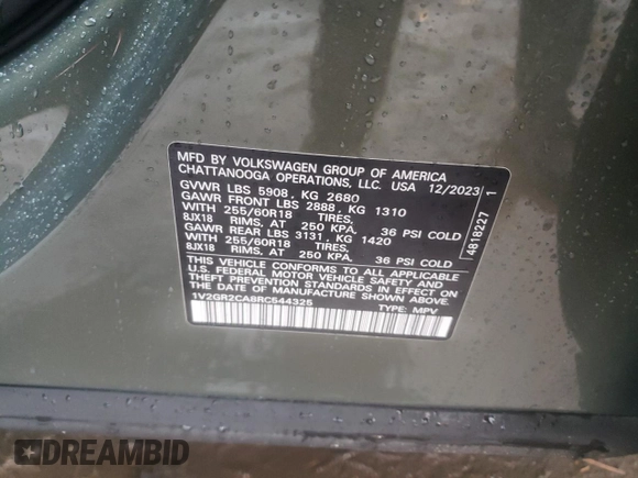 2024 Volkswagen Atlas Peak Edition SEL with VIN 1V2GR2CA8RC544325, listed as a Copart auction lot 56823975 with 16,469 mi miles and Salvage title. Bid and sale history available at DreamBid. Image 13.