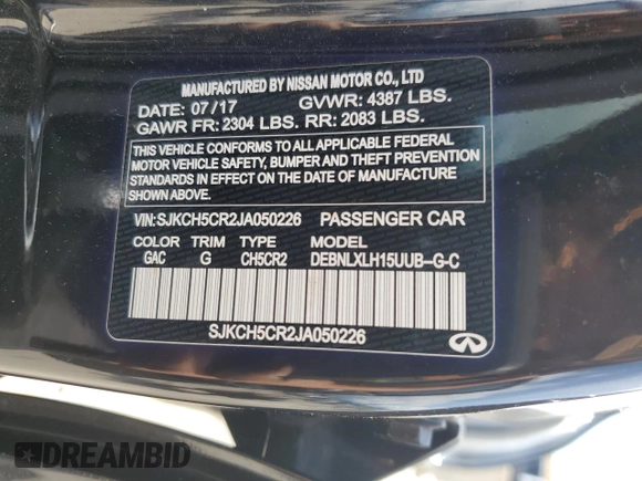 2018 Infiniti QX30 Premium with VIN SJKCH5CR2JA050226, listed as a Copart auction lot 58978595 with 82,280 mi miles and Salvage title. Bid and sale history available at DreamBid. Image 14.