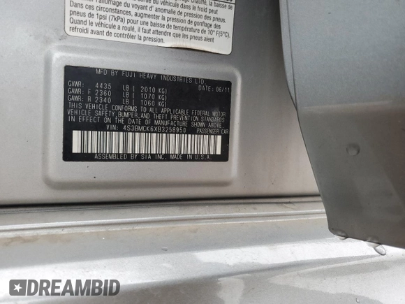 2011 Subaru Legacy Limited Power Moon with VIN 4S3BMCK6XB3258950, listed as a Copart auction lot 57479955 with 83,862 mi miles and Salvage title. Bid and sale history available at DreamBid. Image 12.
