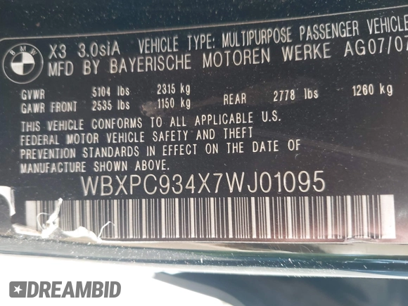 2007 BMW X3 3.0si с VIN WBXPC934X7WJ01095, выставлен на аукционе IAAI как лот 42596666 с пробегом 169 793 миль миль и . История ставок и продаж доступна на DreamBid. Изображение 9.