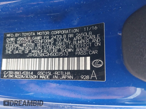 2017 Lexus RC 350 with VIN JTHSE5BC2H5007513, listed as a IAAI auction lot 42380465 with 60,665 mi miles and . Bid and sale history available at DreamBid. Image 9.