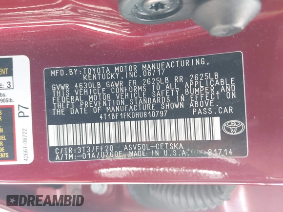 2017 Toyota Camry XLE with VIN 4T1BF1FK0HU810797, listed as a IAAI auction lot 41940941 with 88,356 mi miles. Bid and sale history available at carsss.com. Image 9.