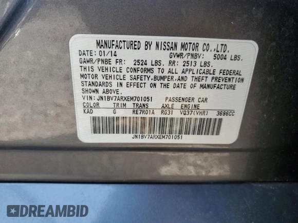 2014 Infiniti Q50 Sport with VIN JN1BV7ARXEM701051, listed as a Copart auction lot 55157825 with 192,418 mi miles and Salvage title. Bid and sale history available at DreamBid. Image 12.