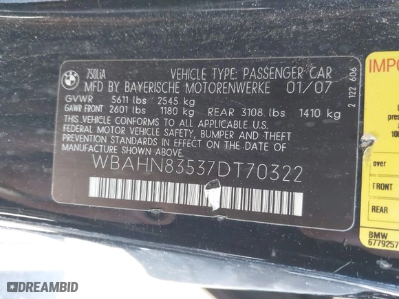 2007 BMW 7 Series 750Li with VIN WBAHN83537DT70322, listed as a IAAI auction lot 41842120 with 166,465 mi miles. Bid and sale history available at carsss.com. Image 9.