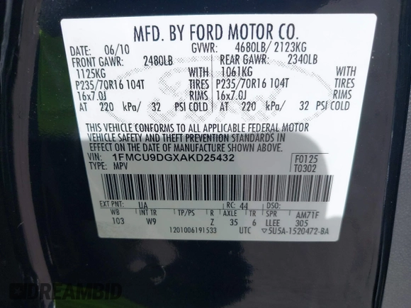 2010 Ford Escape XLT z VIN 1FMCU9DGXAKD25432, wystawiony jako IAAI lot #42195798 z przebiegiem 135 080 mil mil oraz . Historia ofert i sprzedaży dostępna na DreamBid. Obrazek 9.