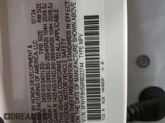 2024 Honda Passport EX-L z VIN 5FNYF8H59RB023744, wystawiony jako Copart lot #83626984 z przebiegiem 4680 mil mil oraz Szkoda całkowita • Salvage title. Historia ofert i sprzedaży dostępna na DreamBid. Obrazek 15.