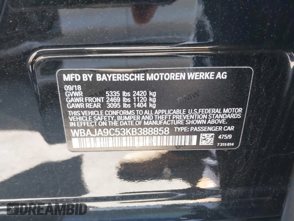 2019 BMW 5 Series 530e with VIN WBAJA9C53KB388858, listed as a IAAI auction lot 42195058 with 138,259 mi miles and . Bid and sale history available at DreamBid. Image 9.