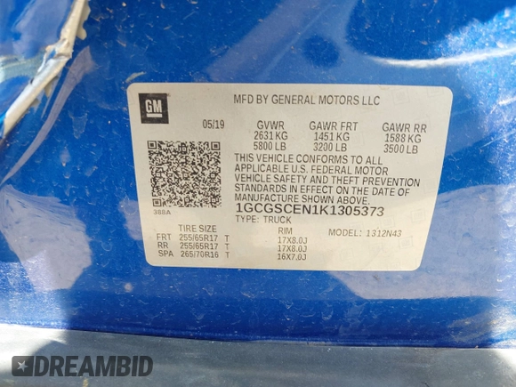 2019 Chevrolet Colorado 2WD LT with VIN 1GCGSCEN1K1305373, listed as a IAAI auction lot 42708560 with Not provided miles and . Bid and sale history available at DreamBid. Image 9.