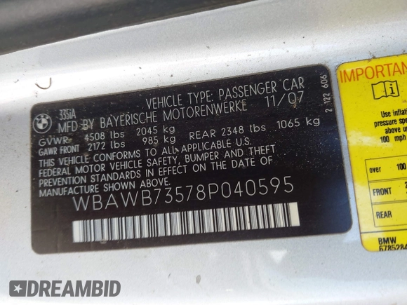 2008 BMW 3 Series 335i with VIN WBAWB73578P040595, listed as a IAAI auction lot 41938076 with 217,476 mi miles and . Bid and sale history available at DreamBid. Image 9.