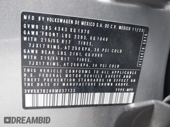 2024 Volkswagen Taos S z VIN 3VV5X7B26RM037123, wystawiony jako IAAI lot #42447853 z przebiegiem 32 395 mil mil oraz . Historia ofert i sprzedaży dostępna na DreamBid. Obrazek 9.