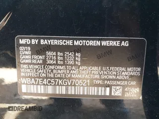 2019 BMW 7 Series 740i xDrive with VIN WBA7E4C57KGV70521, listed as a IAAI auction lot 41881538 with 114,480 mi miles and . Bid and sale history available at DreamBid. Image 9.