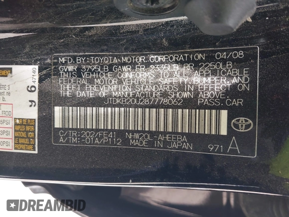 2008 Toyota Prius z VIN JTDKB20U287778062, wystawiony jako IAAI lot #42378605 z przebiegiem 169 810 mil mil oraz . Historia ofert i sprzedaży dostępna na DreamBid. Obrazek 9.