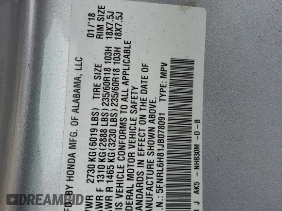 2018 Honda Odyssey Touring with VIN 5FNRL6H81JB078091, listed as a Copart auction lot 51372075 with 104,144 mi miles and Salvage Title. Bid and sale history available at carsss.com. Image 13.