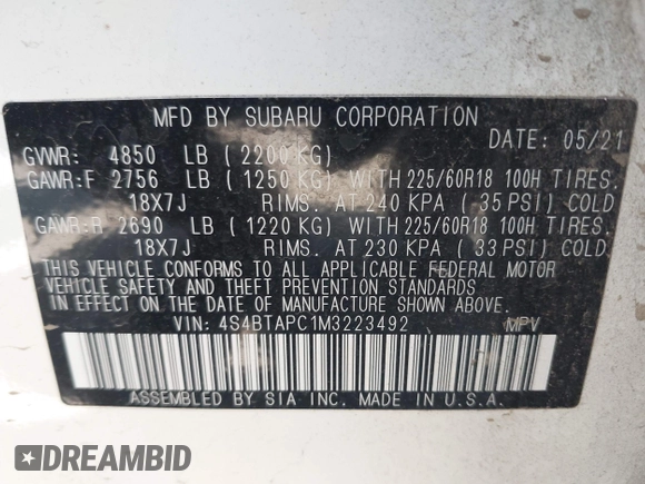 2021 Subaru Outback Touring with VIN 4S4BTAPC1M3223492, listed as a IAAI auction lot 42626530 with 65,768 mi miles and . Bid and sale history available at DreamBid. Image 9.