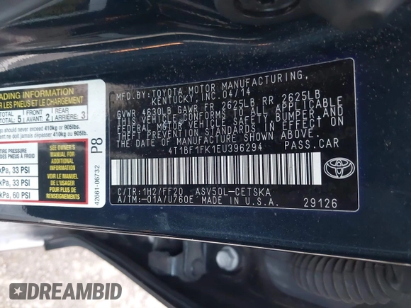 2014 Toyota Camry L with VIN 4T1BF1FK1EU396294, listed as a IAAI auction lot 41267658 with 120,898 mi miles. Bid and sale history available at carsss.com. Image 9.