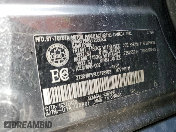 2020 Toyota RAV4 with VIN 2T3R1RFV9LC128802, listed as a Copart auction lot 54586675 with 164,217 mi miles and Salvage title. Bid and sale history available at DreamBid. Image 14.