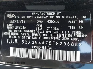 2014 Kia Optima LX with VIN 5XXGM4A78EG296882, listed as a IAAI auction lot 42126103 with 148,004 mi miles. Bid and sale history available at carsss.com. Image 9.