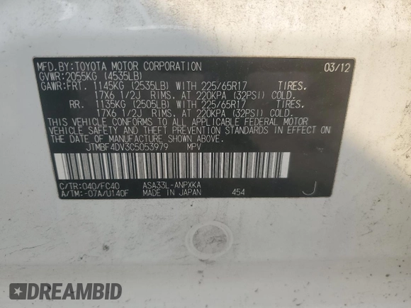 2012 Toyota RAV4 with VIN JTMBF4DV3C5053979, listed as a Copart auction lot 59020105 with 127,501 mi miles and Salvage title. Bid and sale history available at DreamBid. Image 14.