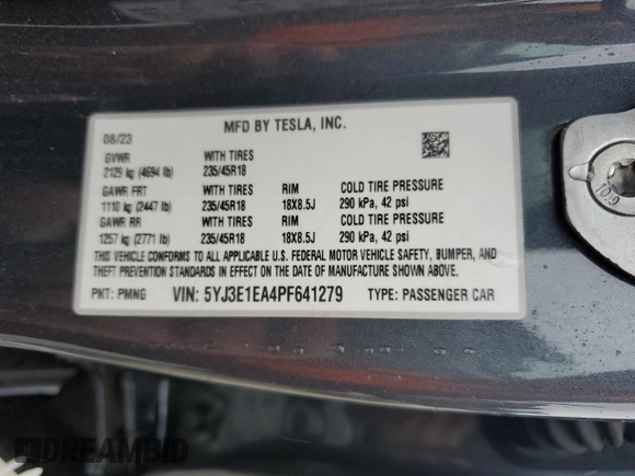 2023 Tesla Model 3 with VIN 5YJ3E1EA4PF641279, listed as a Copart auction lot 46031405 with 35,578 mi miles and Salvage Title. Bid and sale history available at DreamBid. Image 12.