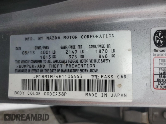 2014 Mazda 3 i Grand Touring with VIN JM1BM1M74E1106463, listed as a Copart auction lot 85144434 with 122,729 mi miles and Salvage Title. Bid and sale history available at DreamBid. Image 12.
