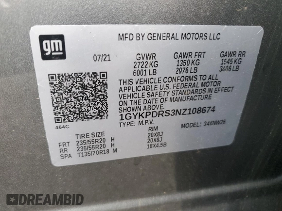 2022 Cadillac XT6 Premium Luxury with VIN 1GYKPDRS3NZ108674, listed as a Copart auction lot 55423695 with 69,215 mi miles and Non repairable. Bid and sale history available at DreamBid. Image 13.