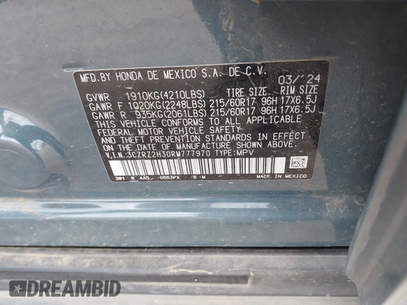 2024 Honda HR-V LX with VIN 3CZRZ2H30RM777970, listed as a IAAI auction lot 42147874 with 17,469 mi miles and . Bid and sale history available at DreamBid. Image 9.