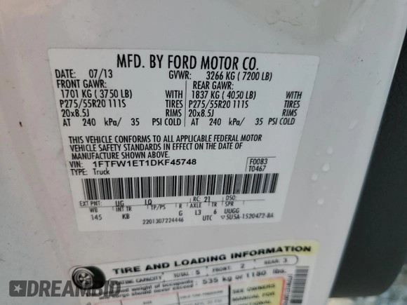 2013 Ford F-150 XL with VIN 1FTFW1ET1DKF45748, listed as a Copart auction lot 58927545 with 236,062 mi miles and Salvage title. Bid and sale history available at DreamBid. Image 13.