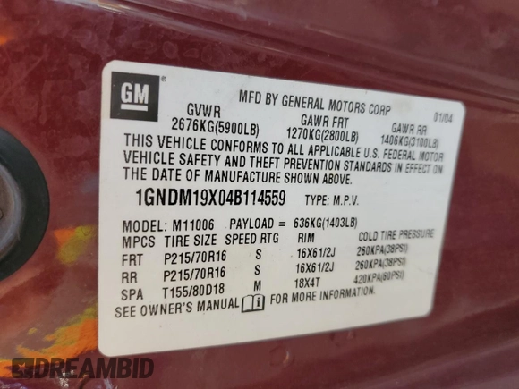 2004 Chevrolet Astro with VIN 1GNDM19X04B114559, listed as a Copart auction lot 42587645 with 212,760 mi miles and Salvage Title. Bid and sale history available at carsss.com. Image 13.