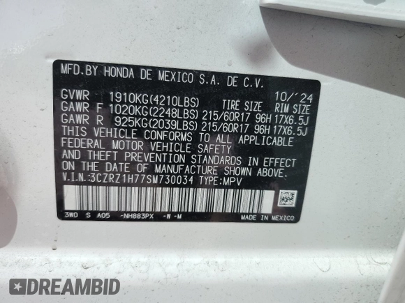 2025 Honda HR-V EX-L z VIN 3CZRZ1H77SM730034, wystawiony jako Copart lot #46730005 z przebiegiem 2644 mil mil oraz Szkody całkowita. Historia ofert i sprzedaży dostępna na DreamBid. Obrazek 15.