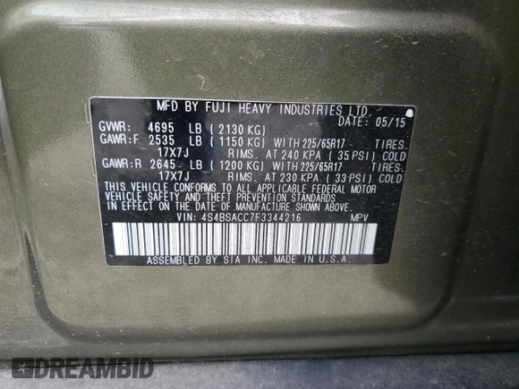 2015 Subaru Outback Premium with VIN 4S4BSACC7F3344216, listed as a Copart auction lot 55793915 with 99,723 mi miles and Salvage Title. Bid and sale history available at DreamBid. Image 12.