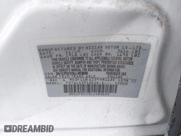 2020 Nissan Kicks SV with VIN 3N1CP5CV3LL483605, listed as a IAAI auction lot 42261522 with 53,381 mi miles and . Bid and sale history available at DreamBid. Image 9.