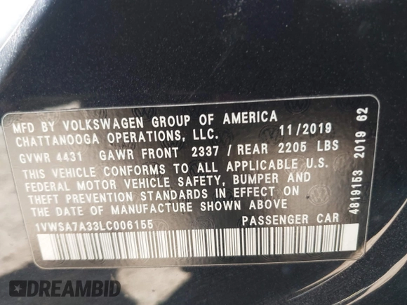 2020 Volkswagen Passat SE with VIN 1VWSA7A33LC006155, listed as a IAAI auction lot 42058034 with 94,827 mi miles and . Bid and sale history available at DreamBid. Image 9.