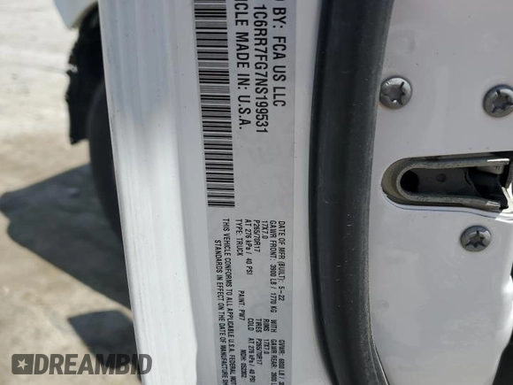 2022 Ram 1500 Tradesman with VIN 1C6RR7FG7NS199531, listed as a Copart auction lot 58174725 with 55,730 mi miles and Salvage title. Bid and sale history available at DreamBid. Image 13.