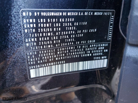 2022 Volkswagen Tiguan SE with VIN 3VV3B7AXXNM024999, listed as a Copart auction lot 48388645 with 54,472 mi miles and Salvage Title. Bid and sale history available at carsss.com. Image 13.