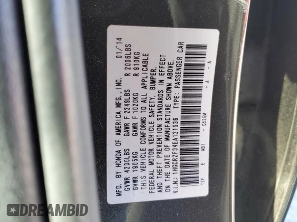2014 Honda Accord Sedan LX with VIN 1HGCR2F34EA121536, listed as a Copart auction lot 52532685 with 226,835 mi miles and Salvage Title. Bid and sale history available at carsss.com. Image 14.