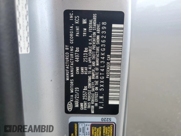2019 Kia Optima LX with VIN 5XXGT4L34KG362398, listed as a Copart auction lot 57836525 with 40,578 mi miles and Salvage title. Bid and sale history available at DreamBid. Image 13.