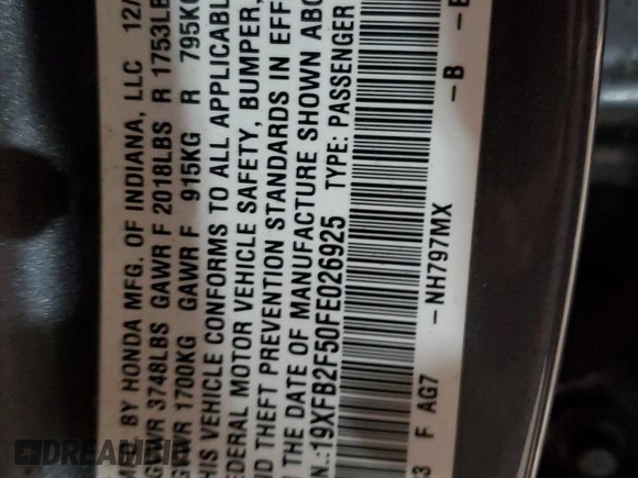 2015 Honda Civic LX with VIN 19XFB2F50FE026925, listed as a Copart auction lot 55179905 with 181,255 mi miles and Non Repairable. Bid and sale history available at DreamBid. Image 12.