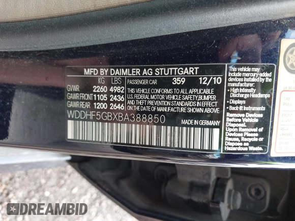 2011 Mercedes-Benz E 350 Luxury with VIN WDDHF5GBXBA388850, listed as a IAAI auction lot 41522232 with 178,135 mi miles and . Bid and sale history available at DreamBid. Image 9.