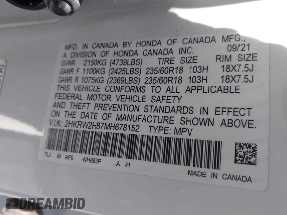 2021 Honda CR-V EX-L with VIN 2HKRW2H87MH678152, listed as a IAAI auction lot 42132825 with 35,241 mi miles and . Bid and sale history available at DreamBid. Image 9.