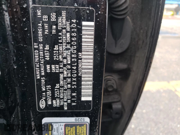 2016 Kia Optima EX with VIN 5XXGU4L38GG068104, listed as a Copart auction lot 45104534 with 126,716 mi miles and Salvage Title. Bid and sale history available at carsss.com. Image 13.